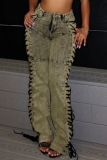 Camel Casual Solid Lace Up Mid Waist Skinny Denim Jeans
