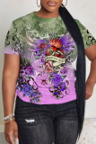 Multicolor Casual African Floral Print Round Neck Short Sleeve Plus Size T-Shirts Tops