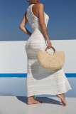 White Sexy Weave Sleeveless Slit Bodycorn Vacation Swimwears Cover Up Beach Dresses