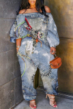 Denim Blue Casual Faux Denim Print Off Shoulder Long Lantern Sleeve Loose Plus Size Overall Jumpsuits
