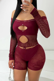 Black Hollow Out See-Through Off Shoulder Long Sleeve Skinny Nightclub Party Rompers