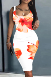 White Casual Floral Print U Neck Sleeveless Bodycon Midi Vest Dresses