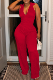 Blue Zipper Turndown Collar Sleeveless Crop Tops And Wide Leg Pants Casual Two Pieces Trouser Sets
