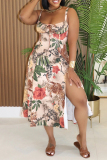 Multicolor Floral Print Square Neck Sleeveless Backless Tie-front high Slit Fitted Vacation Long Slip Dresses