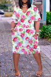 Multicolor Floral Print V Neck Short Sleeve with Pocket Loose Plus Size Casual Outing Midi T-shirt Dress