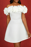 White 3D Flowers Decor Off Shoulder Short Sleeve A Line Fitted Party Club Wear Evening Short Dresses