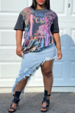 Grey Casual Letter Graphic Print O Neck Short Sleeve Loose T-Shirts Tops