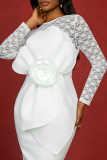 White Lace See-Through O Neck Long Sleeve 3D Flowers Decor Back-Slit Bodycon Party Evening Wedding Long Dresses