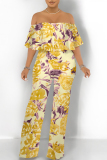 Yellow Casual Floral Print Off Shoulder Short Sleeve Ruffle Trim with Pocket Fitted Casual Vacation Straight Leg Jumpsuits