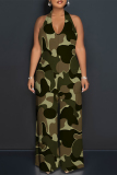 Geometric Camouflage Print V Neck Sleeveless Backless Lace Up with Pocket Halter Loose Vacation Wide Leg Jumpsuits