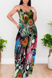 Multicolor Abstarct Floral Print U Neck Sleeveless Backless Fitted Casual Vacation Maxi Slip Dresses