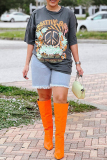 Grey Casual Letter Graphic Print O Neck Short Sleeve Loose T-Shirts Tops