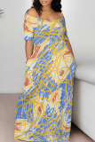 Multicolor Abstract Print V Neck Short Sleeve Fitted Casual Vacation Maxi Dresses