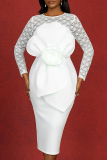 White Lace See-Through O Neck Long Sleeve 3D Flowers Decor Back-Slit Bodycon Party Evening Wedding Long Dresses