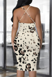 Khaki Abstract Geometric Leopard Print Sleeveless Backless Bodycon Party Vacation Midi Slip Dresses