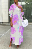 Blue Casual Leaf Floral Print Turndown Collar Long Sleeve Buttons Slit Straight Maxi Shirt Dresses