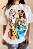 White Casual Girls Print O Neck Short Sleeve Loose T-Shirts Tops