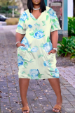 Light Yellow Casual Floral Plaid Abstract Print V Neck Short Sleeve Loose Plus Size Midi T-shirt Dress