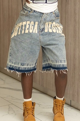 Blue Casual Letters Print Raw Hem Mid Waist Straight Fifth Denim Shorts Jeans