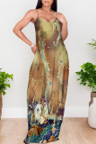Multicolor Abstarct Floral Print U Neck Sleeveless Backless Fitted Casual Vacation Maxi Slip Dresses