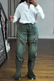 Blue Casual Cut Out Patchwork High Waist Fitted Denim Jeans