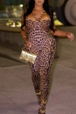 Leopard Print Straps Cutout Sleeveless Backless Party Clubwear Skinny Bodystocking Jumpsuit