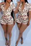 Blue Casual Leopard Print Hooded Zipper up Short Sleeve Tops and Mini Shorts Bodycon Two Piece Short Sets