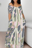 Multicolor Abstract Print V Neck Short Sleeve Fitted Casual Vacation Maxi Dresses