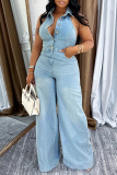 Blue Casual Turndown Collar Sleeveless Backless Button up Fitted Wide Leg Denim Jumpsuits