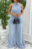 Blue Casual Turndown Collar Sleeveless Backless Button up Fitted Halter Wide Leg Denim Jumpsuits