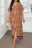Orange Floral Colorblock Print V Neck Half Sleeve Slit Loose Straight Casual Vacation Plus Size Maxi Dresses