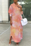 Blue Casual Leaf Floral Print Turndown Collar Long Sleeve Buttons Slit Straight Maxi Shirt Dresses