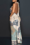 Geometric Camouflage Print V Neck Sleeveless Backless Lace Up with Pocket Halter Loose Vacation Wide Leg Jumpsuits