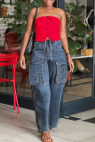 Blue Casual Drawstring High Waist wirh Pocket Wide Leg Cargo Denim Jeans