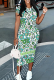 White Green Geometric Floral Print O Neck Short Sleeve Bodycon Casual Vacation Party Maxi Dress