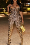 Leopard Print Straps Cutout Sleeveless Backless Party Clubwear Skinny Bodystocking Jumpsuit