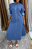 Blue Casual Turndown Collar Zipper up Long Sleeve Loose Straight Denim Maxi Dresses