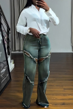 Blue Casual Cut Out Patchwork High Waist Fitted Denim Jeans