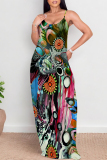 Multicolor Abstarct Floral Print U Neck Sleeveless Backless Fitted Casual Vacation Maxi Slip Dresses