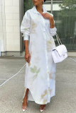 Blue Casual Leaf Floral Print Turndown Collar Long Sleeve Buttons Slit Straight Maxi Shirt Dresses