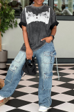 Grey Casual Bra Print O Neck Short Sleeve Loose T-Shirts Tops