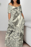 Multicolor Abstract Print V Neck Short Sleeve Fitted Casual Vacation Maxi Dresses