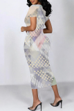 White Green Geometric Floral Print O Neck Short Sleeve Bodycon Casual Vacation Party Maxi Dress