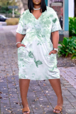 Light Yellow Casual Floral Plaid Abstract Print V Neck Short Sleeve Loose Plus Size Midi T-shirt Dress