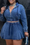 Black Casual Zipper Hooded Long Sleeve Jackets and A-line Mini Skirts Fitted Denim Two Piece Dress Sets