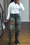 Blue Casual Cut Out Patchwork High Waist Fitted Denim Jeans