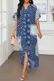 Orange Floral Colorblock Print V Neck Half Sleeve Slit Loose Straight Casual Vacation Plus Size Maxi Dresses