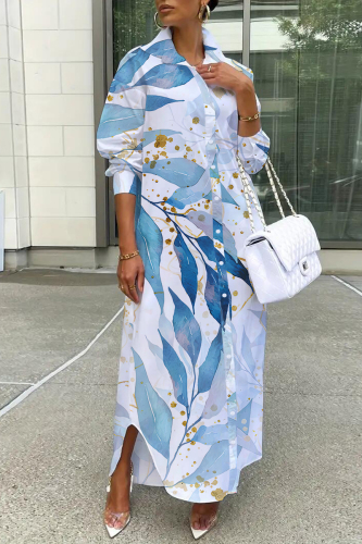 Blue Casual Leaf Floral Print Turndown Collar Long Sleeve Buttons Slit Straight Maxi Shirt Dresses