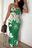 Light Green Plant Floral Print Sleeveless Backless Bodycon Casual Vacation Plus Size Maxi Slip Dresses
