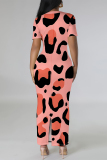 Dark Purple Casual Leopard Print V Neck Short Sleeve Back-Slit Bodycorn Party Vacation Maxi Dress